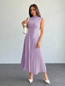 SHEIN PETITE Elegantes plissiertes, figurbetontes A-Linien-Kleid für Damen, Sommerkleider für Damen, Petite Damen - Violett - Übersicht 7
