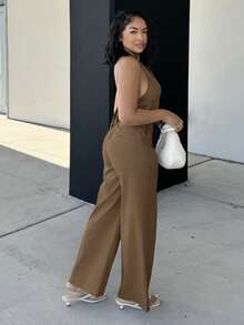 Alexandranx 深 V 领无袖露背上衣和阔腿裤 2 件套，优雅淑女风格套装，适合办公室、通勤、街头穿着、瘦身增高、春夏 - 駝色 - 查看 5