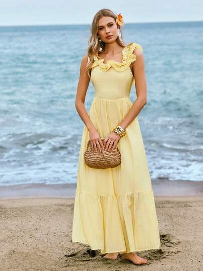 Amorya 女士新款优雅纯色浅黄色连衣裙，可露肩或平角穿着，适合度假和海滩穿着