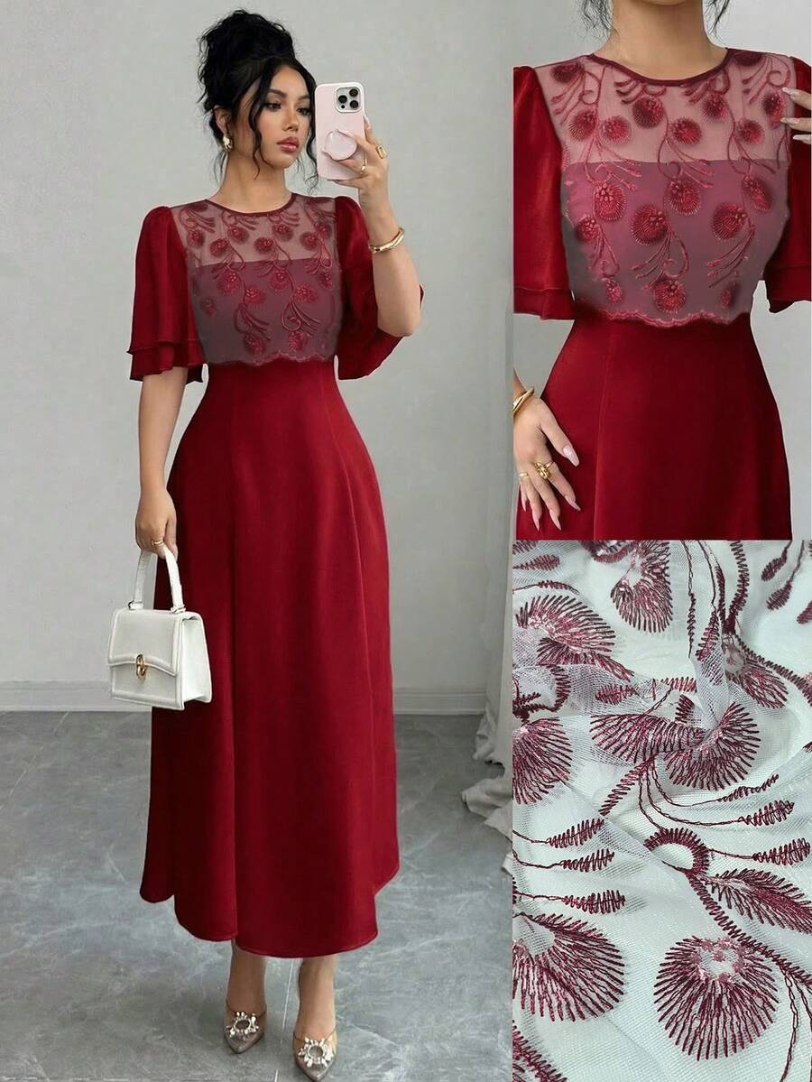 Modelyn Women's Elegant Floral Embroidered Mesh Patchwork Dress, Spring/Summer - Burgundy - View 1