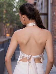 Andrea Bello Áo ba lỗ hở lưng gợi cảm tối giản buộc dây cho nữ - Màu be - Xem 2