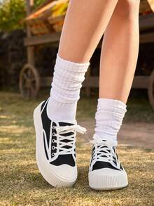 ROMWE Kawaii Canvas Sneakers For Women, Lace-Up Front Athletic Shoes, Halloween & Winter Edition - Black - View 2