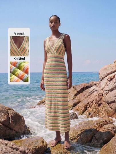 Maija Women's Casual Striped V-Neck Sleeveless Knit Dress For Vacation,Beach Outfits ,Summer Holiday Outfits