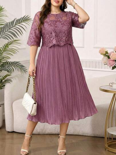 Reflora Đầm dự tiệc thời trang cổ tròn bằng vải lưới dành cho nữ cỡ lớn
