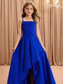Đầm dạ hội cao cấp cho bé gái tuổi teen, kiểu dáng thanh lịch, sang trọng, dây mảnh, vai chéo, không tay, eo cao, thắt eo, dáng xòe dài, thiết kế bất đối xứng, chất liệu satin bóng mượt, cao cấp, thích hợp cho Giáng sinh, tốt nghiệp, tiệc tùng, sự kiện. Đầm phù dâu dài cho bé gái, đầm xanh dương sang trọng cổ vuông, đầm dài cho tuổi teen, đầm phù dâu thiếu niên màu xanh dương, đầm dạ hội màu xanh dương cho tuổi teen, đầm màu xanh hoàng gia cho thiếu nữ, đầm xanh dương vạt trước ngắn vạt sau, đầm xanh dương dáng xòe cho tuổi teen. - Màu xanh lam - Xem 6