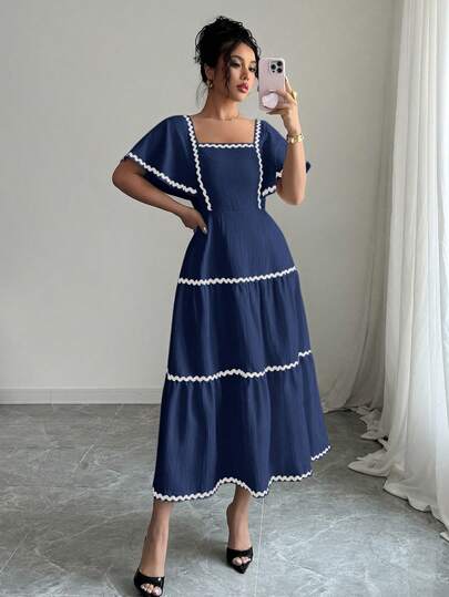 Rafferiza 女士方领花瓣袖法式纹理度假风波浪荷叶边下摆奶油黄优雅连衣裙