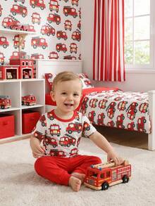 Baby Boy Fire Truck Print Round Neck Short Sleeve T-Shirt And Pants Pajama Set - Multicolor - View 5
