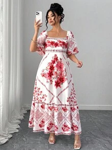 GlowEve CURVE 大码女式荷叶边袖收腰印花连衣裙，适合度假和浪漫旅行 - 彩色 - 查看 7