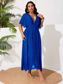 Swim Vcay Plus Size Women's Casual Vacation Beach Dress With Side Slit Floral Lace Patchwork - Royal Blue - View 5