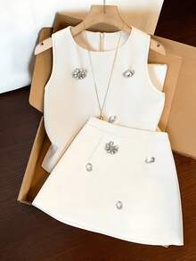 Franclia 3D水钻装饰无袖上衣搭配高腰时尚半裙，优雅女士套装 - 杏色 - 查看 3