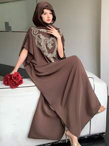DAZY 女士头巾和宽松长袍刺绣拼接连衣裙，优雅 - 棕色 - 查看 6