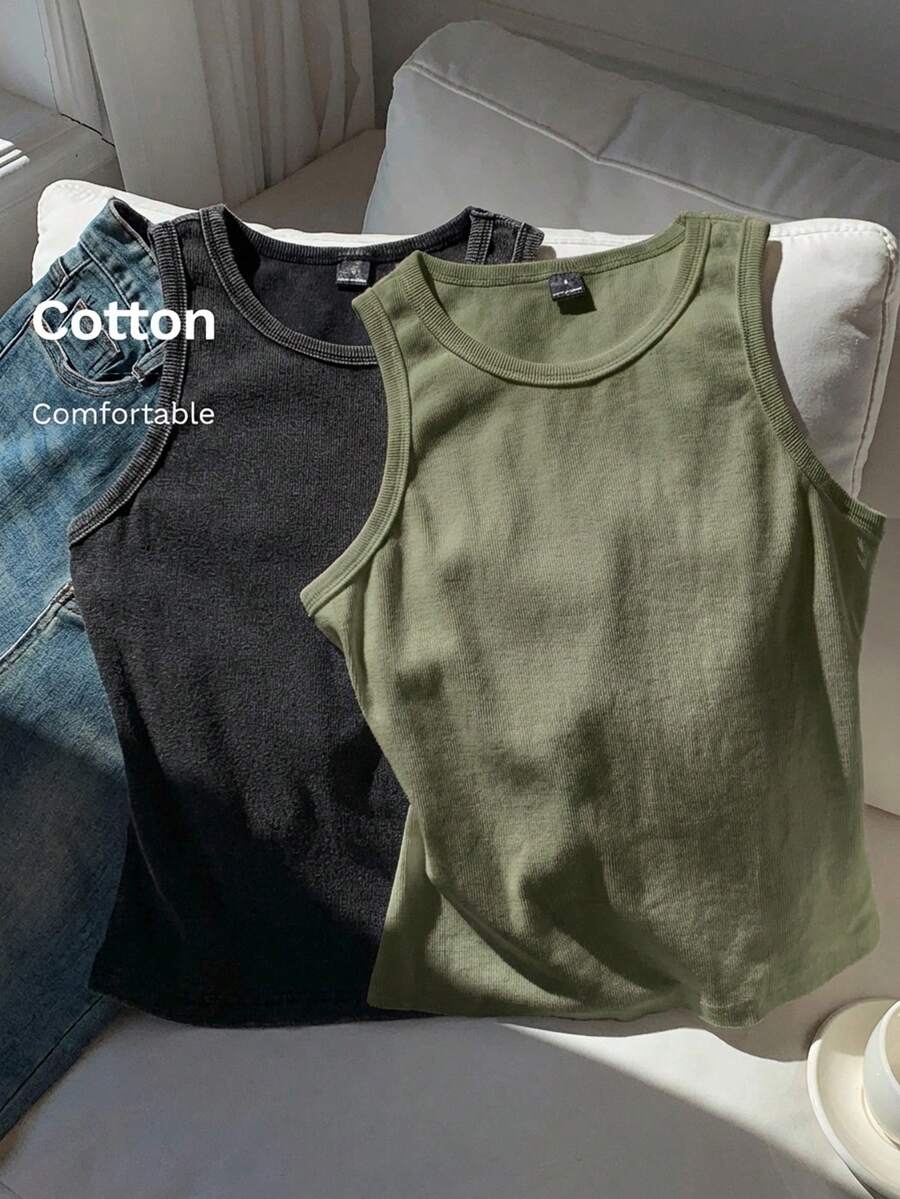 Comfortcana 2件套黑白纯色无袖水洗舒适罗纹针织圆领背心，大码，春夏款 - 綠色 - 查看 1