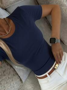 DAZY Women's Solid Color Round Neck Short Sleeve Fitted Summer T-Shirt - Navy Blue - View 2