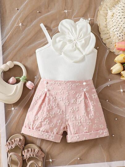 SHEIN Baby Girl Summer Elegant Sweet Solid Ribbed Irregular Strap Design Floral Beaded Decor Top Paired With Pink Shorts 2pcs Set, Suitable For Street Photography And Travel