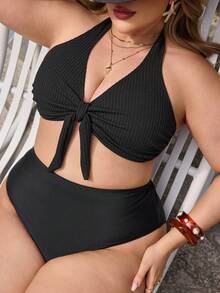 Swim Lushoire Áo bikini nâng đỡ màu đen buộc dây mới năm 2026, được làm từ chất liệu vải đặc biệt. - màu đen - Xem 6