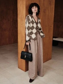 Uhlyne Áo khoác len cardigan dài tay kẻ caro phối màu thời trang nữ - Màu be - Xem 5