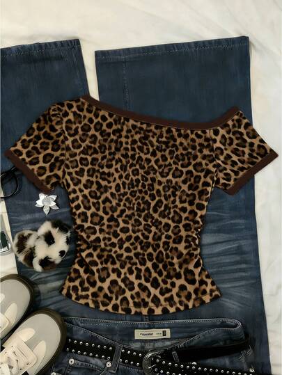 Glimmora 女士豹纹不对称肩短袖修身时尚T恤