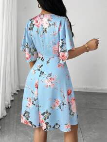 SHEIN Lady 女士印花V领优雅短袖中长连衣裙 - 藍色 - 查看 2