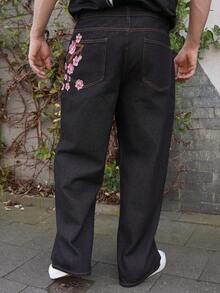 LEOGASHI LEOGASHI Men's Street Fashion Casual Plaid Embroidered Floral Design Straight Leg Wide Leg Jeans Baggy Jeans With Design Valentine's Day Y2k Spring To Summer - Black - View 2