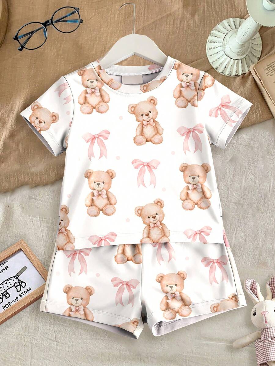 SHEIN LMoss Kids 女婴蝴蝶结和熊图案休闲修身圆领舒适短袖短裤睡衣套装,舒适贴身 - 彩色 - 查看 1