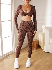 Slayform Slayform Seamless Ribbed High Elasticity Leopard Print Sexy Yoga Fitness Set For Women - Brown - View 3