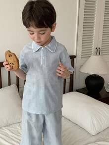 DAZY 男童条纹 Polo 领短袖上衣和裤子睡衣套装（夏季款） - 藍色 - 查看 1
