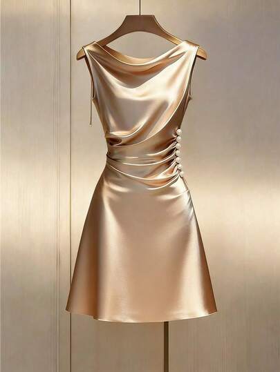 Franclia Satin Draped Neck Wrap Dress, Waist Cinching Design For Slimming Look