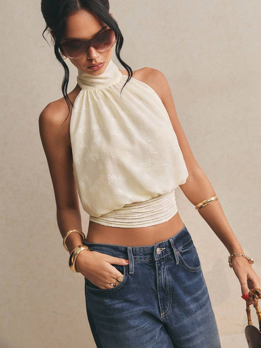 Poéselle Áo kiểu nữ màu trơn, buộc dây cổ, hở lưng, gợi cảm, đa năng, thích hợp cho hẹn hò và đi chơi. - Màu vàng ngỗng - Xem 1