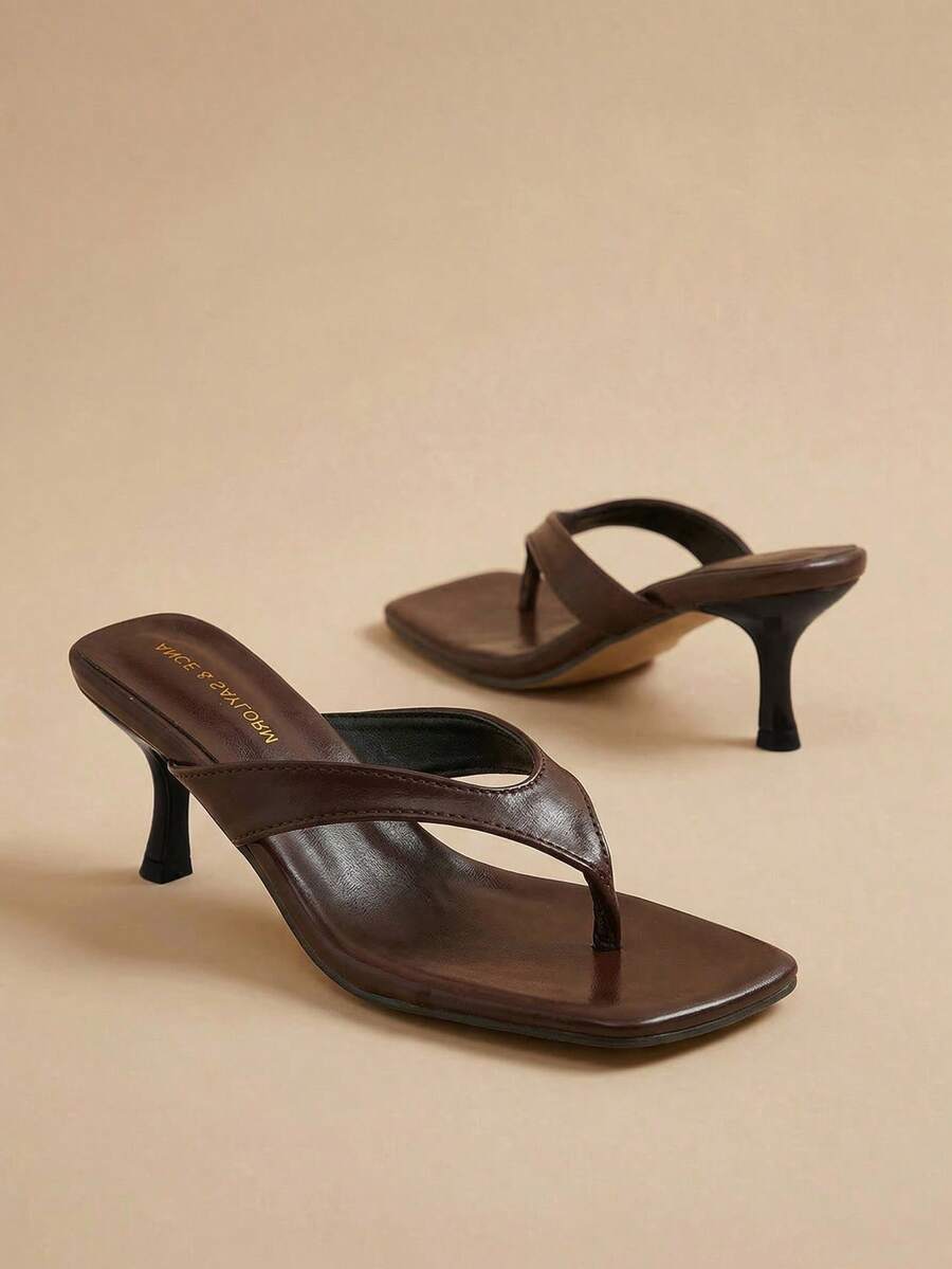 Arave 法式风格女士高跟凉鞋，新款夏季细带高跟凉鞋，踝带设计，猫跟，人字拖 - 棕色 - 查看 1