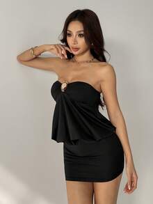 SHEIN PETITE Vestido mini sexy sin tirantes para mujer, de verano - Negro - Ver 6