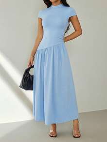 SHEIN PETITE Women's Summer Simple Solid Color Pleated A-Line Dress,Summer Dresses For Women - Baby Blue - View 8