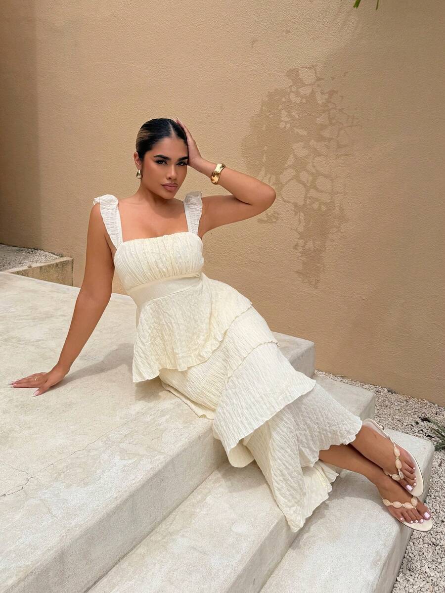 Maria Perezxox 女士法式夏季纯色奶油黄小飞袖简约休闲褶皱连衣裙，适合度假海滩热带夏季白色连衣裙，伊比沙岛穿搭，女士夏季连衣裙，白色毕业礼服，婚礼宾客礼服，毕业礼服，女士早午餐穿搭，新娘送礼会礼服，女士粉彩连衣裙，度假连衣裙，海滩度假穿搭，女士假日穿搭，夏季穿搭，毕业礼服，7月4日西式服装，女士度假连衣裙，女士教师服装，波西米亚风女士度假派对服装 - 杏色 - 查看 1