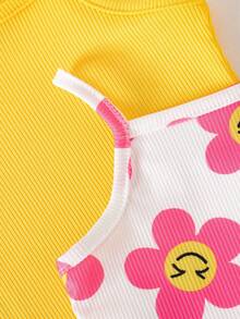 SHEIN Playful Pals 女婴舒适百搭甜美可爱吊带背心短裤套装，夏季 - 彩色 - 查看 6