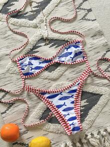 Swim Mod Bộ 2 món gồm áo bikini hai mặt in họa tiết kiểu yếm và quần bikini cạp cao, đồ bơi gợi cảm, thích hợp cho mùa xuân/hè. - Nhiều màu - Xem 7