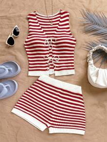Soleia Women's Casual Summer Set, Striped Sleeveless Knit Top+Shorts Two Pieces Short Ribbed In Fall/Winter - Multicolor - View 6