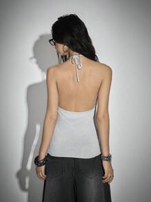 Bloopia Women's Knitted Sleeveless Halter Neck Chain Rhinestone Design Fashionable Casual Tank Top Halter Top Fashion Top Rhinestone Halter Top Gray Tanktop Bling Top Cute Top Body Chain Top - Grey - View 2