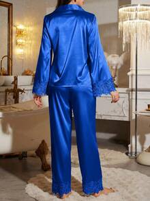LuxeNights 2pcs Women Lace Trim Sleepwear Set - Royal Blue - View 2