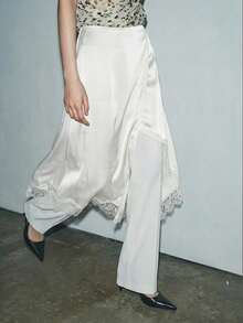 Maija 女士优雅简约纯色撞色蕾丝不对称下摆半身裙，夏季 - 白色 - 查看 4