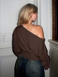Turnttoni Beige Oversized Floral Asymmetric Shoulder Romantic Loose Knit Sweater, Autumn/Winter,Fall,Brown Sweater - Brown - View 2