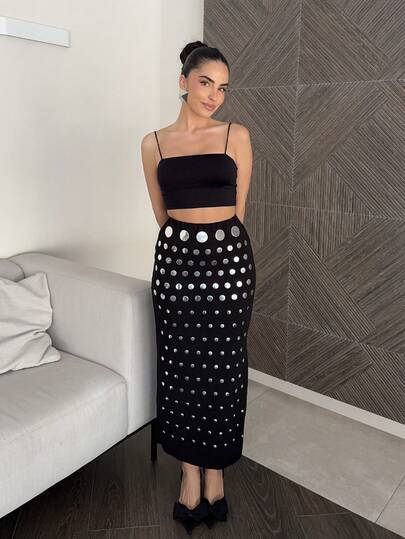 Marta Soriano 女士不规则亮片直筒裙，优雅时尚，适合派对场合，简约设计，春季女装，圣诞节，新年，感恩节，时尚系列，闪光裙，黑色裙，现代都市，新款时尚，夏季女装，亮片裙