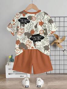 SHEIN Conjunto de camiseta casual minimalista para niño, adecuado para el verano, con estampado clásico de oso - Multicolor - Ver 4