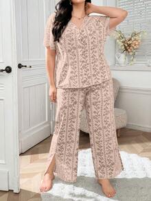 CottageSlumber Wisteria Floral Lace Patchwork Sheer Shoulder Pajama Set, Plus Size - Pink - View 7