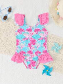 Ropa de playa para niñas, traje de baño para niñas, estilo lindo, vacaciones, estilo casual, traje de baño rosa, estampado de conchas de colores, tela de punto, decoración de hombros con volantes, decoración de volantes en la parte inferior, traje de baño de una pieza, elegante y glamoroso, adecuado para nadar, vacaciones de verano, playa, piscina, vacaciones de verano - Rosa - Ver 3