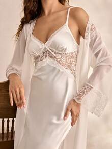 Charlaine Elegant Satin Lace Maxi Robe Nightgown Set For Women - White - View 7