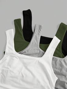 SHEIN EZwear Bộ 4 áo tank top lửng màu xanh ô liu kiểu dáng thường ngày - xanh quân đội - Xem 3