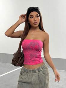 StreetHx Áo croptop bó sát đính đá cho nữ, phong cách đường phố. - Hồng - Xem 6