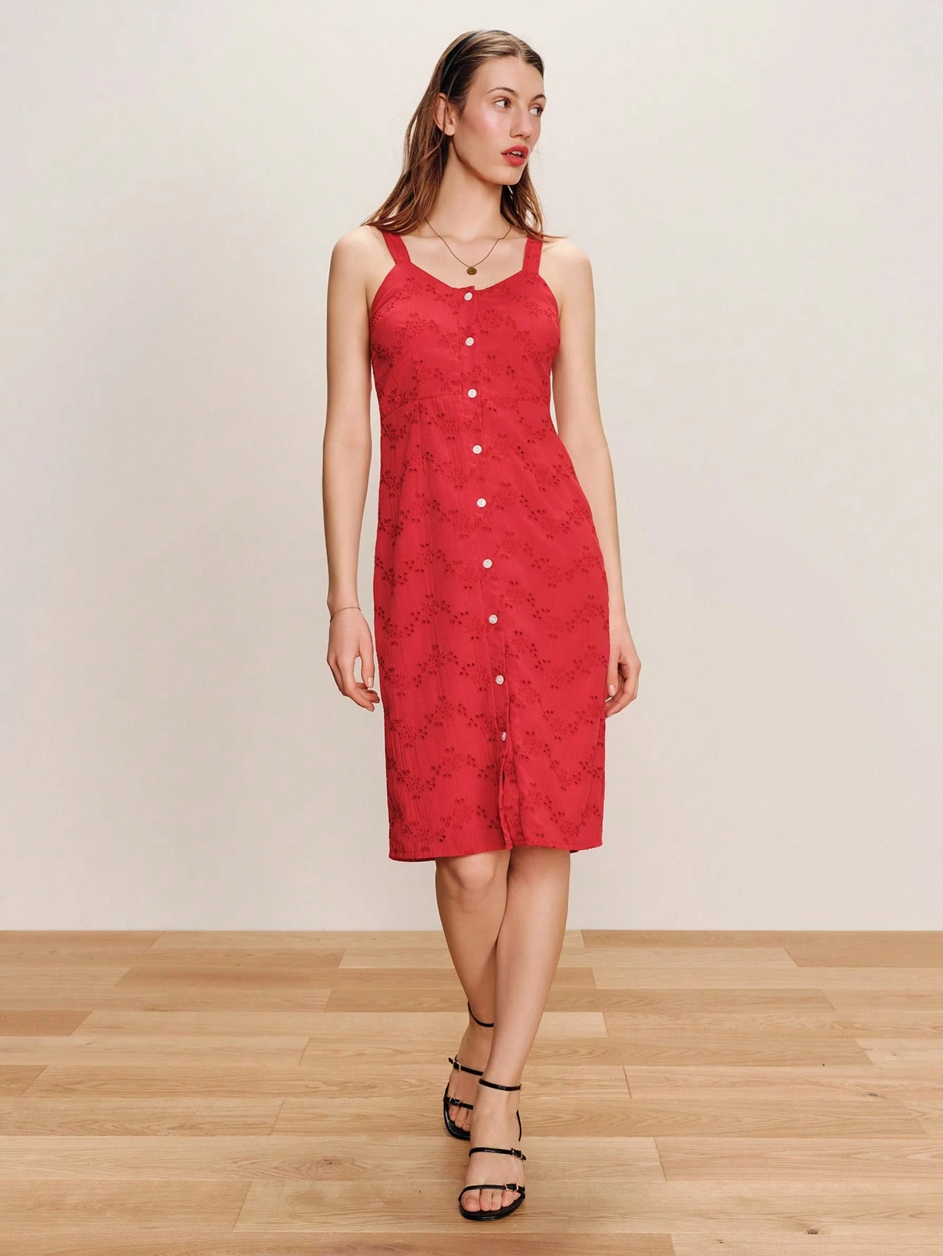 Red Embroidered Midi Dress With Front Placket Spring Summer Vacation Dress Red Holiday Dress Festival Dress French Style Parisian Style