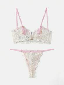 lacRébo Bộ đồ lót gợi cảm, áo ngực có gọng ren màu kem và quần lọt khe dễ thương cùng màu với đường viền hồng mỏng, phong cách Pháp mùa xuân hè. - Màu be - Xem 7