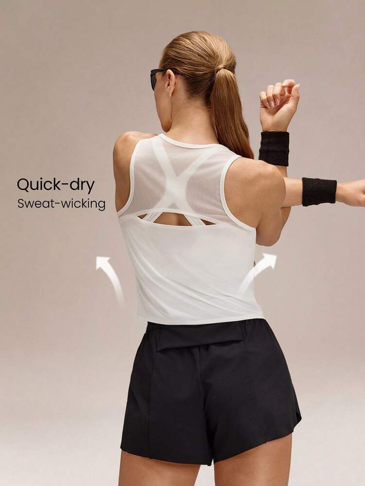 Ultrafine Soft Seamless Rise & Run Waist Length Sweat-Wicking Back Mesh Panels Regular Fit Muscle Tank Running Jogging Training Tennis Golf Workout Gym Wear