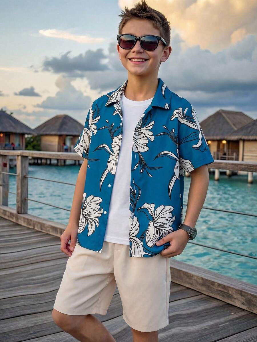 SHEIN 2 Stück/Set Tween-Jungen Lässig Urlaubs Kurzarm Blumen Hemd & Shorts Set, geeignet für Pendeln, Schule, Alltag, Sport, Frühling/Sommer, Urlaub, Strand - Grün - Übersicht 1